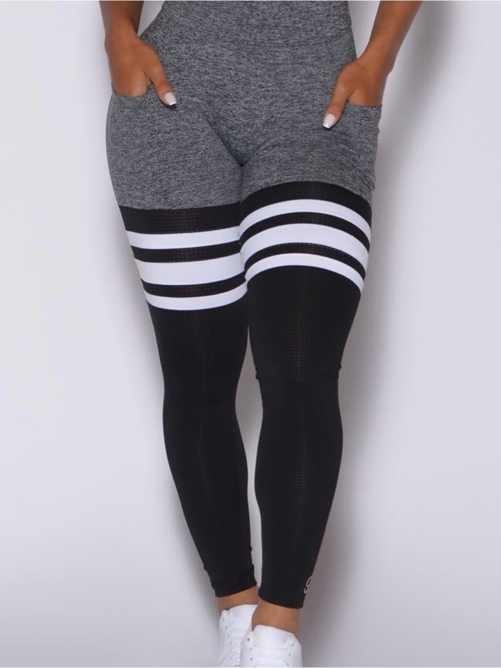 Bombshell Sportswear Gray & Black Striped Thigh-high Leggings